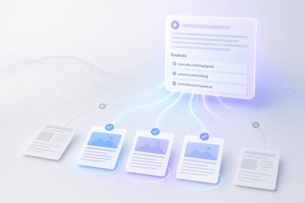 Abstract visualization of AI search selecting and citing a few content sources while other pages remain unselected.