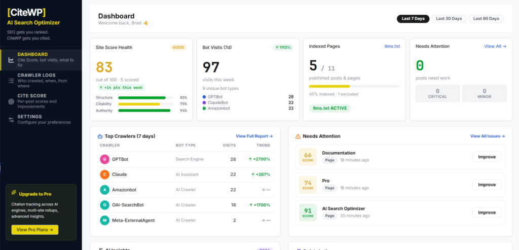 Dashboard illustration showing a Cite Score, AI crawler activity, content recommendations, and AI citation optimization metrics.