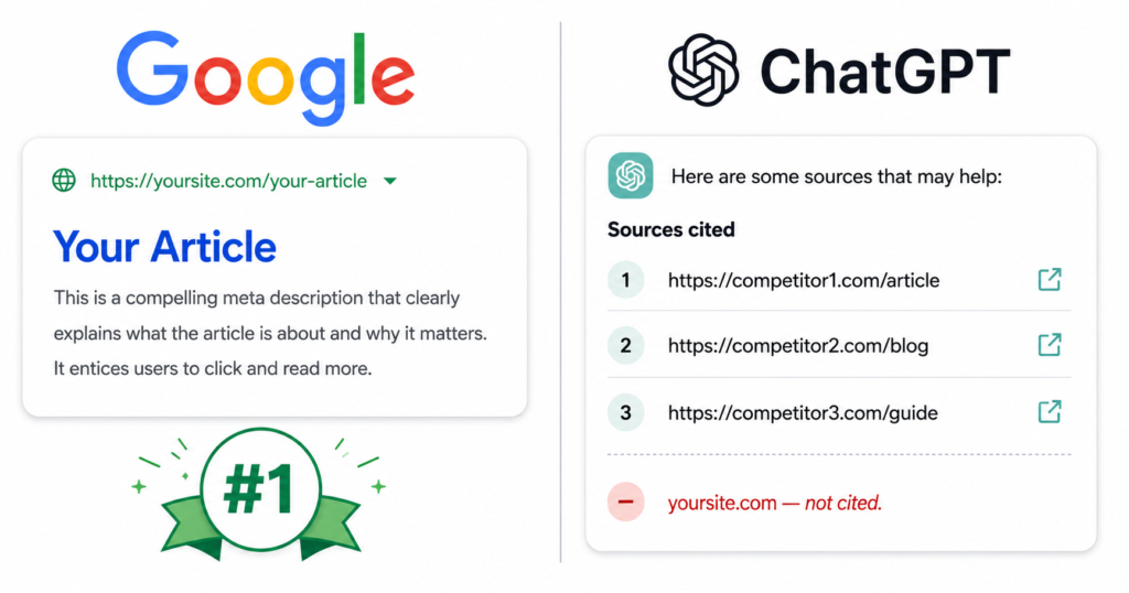 Side-by-side comparison of a site ranking #1 on Google and the same topic showing competitors cited by ChatGPT instead.