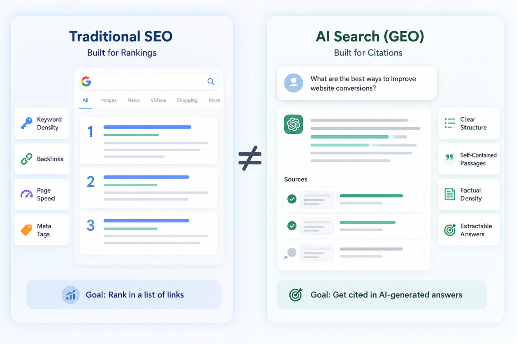 Side-by-side illustration comparing traditional SEO ranking signals with AI-focused content citation signals and extractable answers.