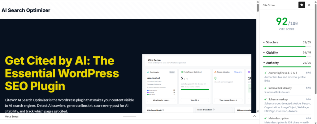 CiteWP Cite Score panel in the WordPress Gutenberg editor sidebar showing overall score with Structure, Citability, and Authority category breakdowns 