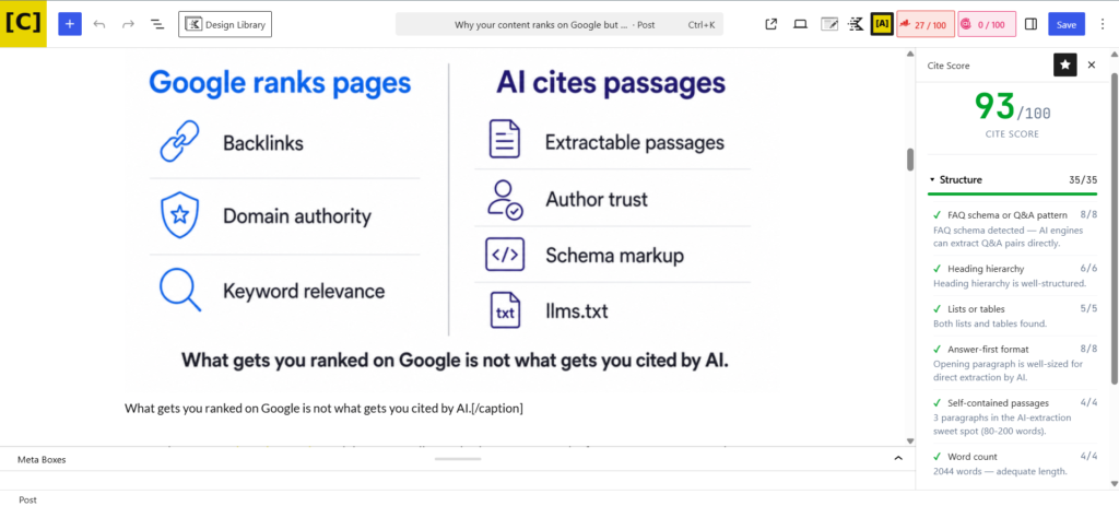 CiteWP Cite Score panel in the WordPress Gutenberg editor sidebar showing Structure category signals — heading hierarchy, FAQ schema, lists and tables, self-contained passages, answer-first format, and word count — with green pass and orange partial indicators