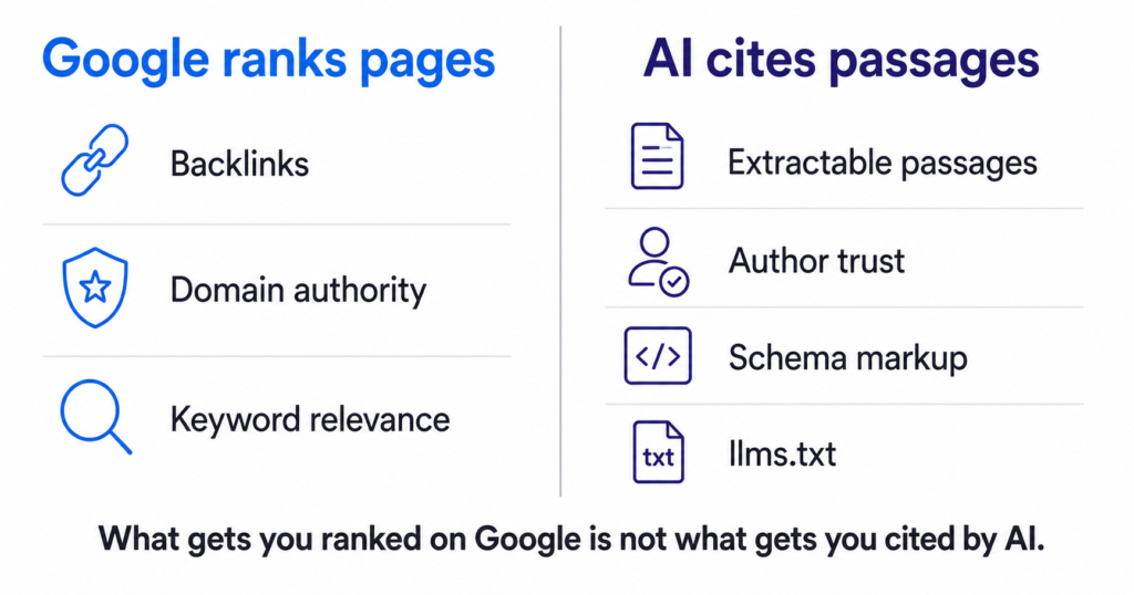 Comparison diagram showing Google ranking signals (backlinks, domain authority, keyword relevance) versus AI citation signals (extractable passages, author trust, schema markup, llms.txt).