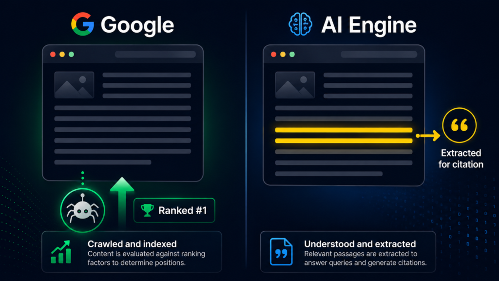 Side-by-side diagram comparing Google's page-level ranking process with AI engines extracting a specific 50–200 word passage for citation