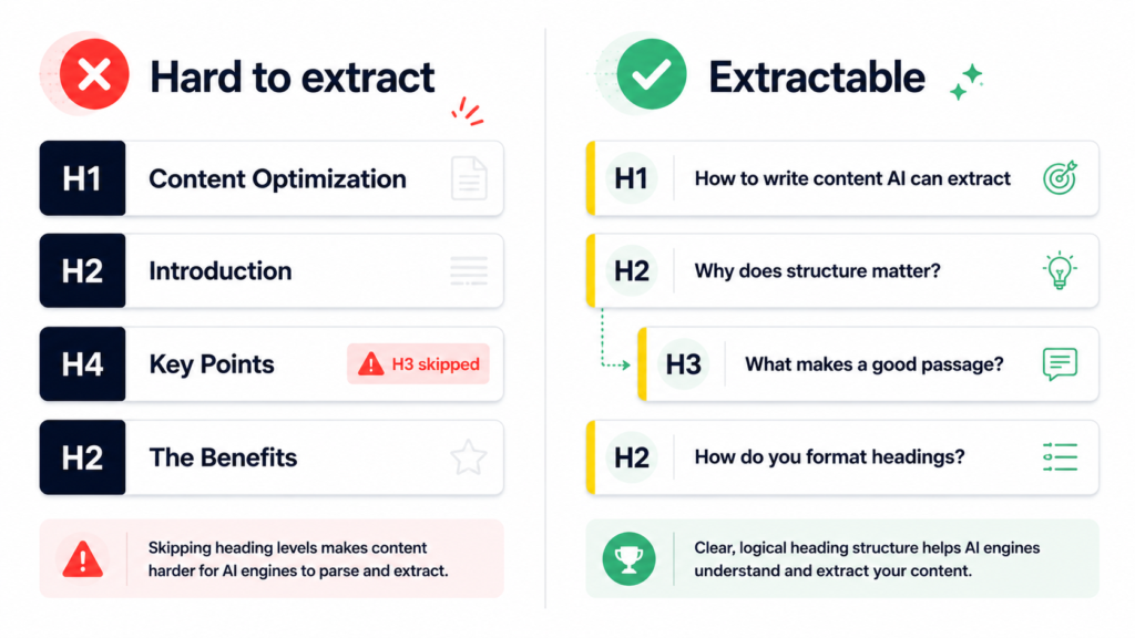 Side-by-side comparison of incorrect heading structure with statement headings and skipped levels versus correct question-format H1, H2, H3 hierarchy
