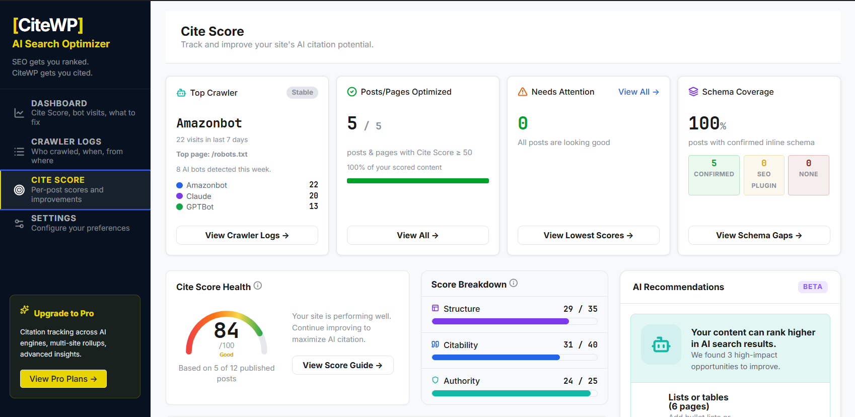 CiteWP Cite Score sidebar showing a 100-point AI citation readiness score broken down across Structure, Citability, and Authority categories with individual signal scores.
