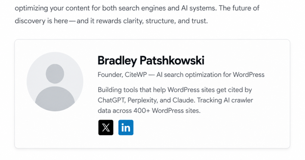 WordPress author box showing name, credentials, short bio, and LinkedIn and X social profile links