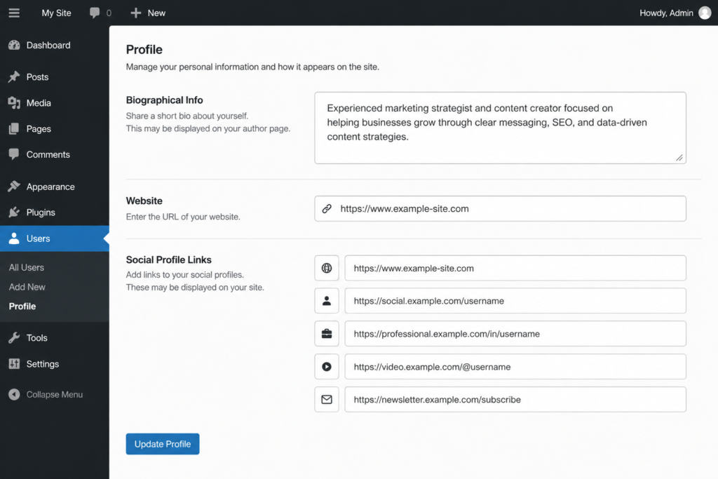 WordPress user profile settings page with author bio and external profile links configured