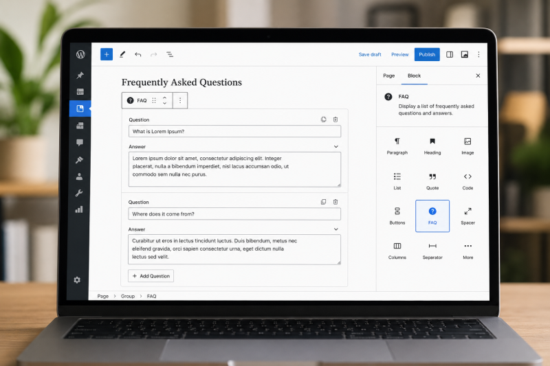 WordPress Gutenberg editor showing an FAQ block with questions and answers